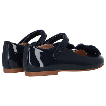 Girls Navy Blue Fur Patent Leather Shoes